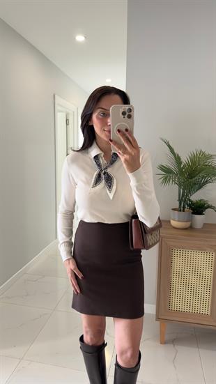 Siana Vanilya Polo Yaka Fularlı Triko