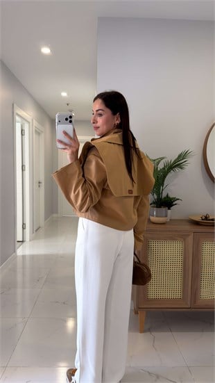 Sidose Camel Vatkalı Fermuarlı Crop Ceket