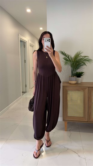 Sienta Kahve V Bel Dikiş Detaylı Balon Paça Tulum