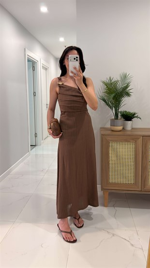 Silda Kahve Askılı Keten Elbise