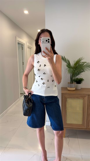 Sitens Ekru Pul İşleme Detaylı Fitilli Bluz