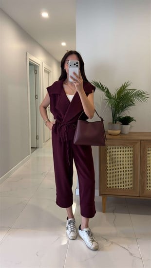 Siteros Bordo Keten Yelek Pantolon Takım