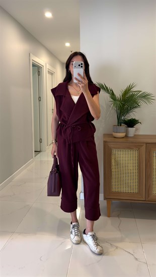 Siteros Bordo Keten Yelek Pantolon Takım