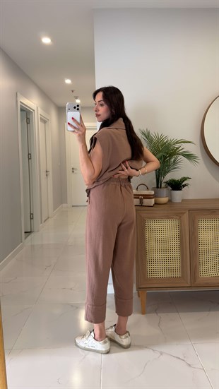 Siteros Kahve Keten Yelek Pantolon Takım
