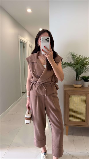 Siteros Kahve Keten Yelek Pantolon Takım