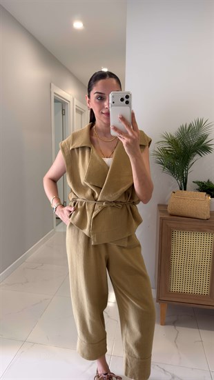 Siteros Olive Keten Yelek Pantolon Takım