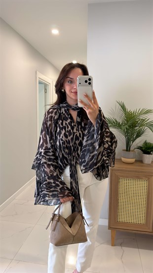 Sitwer Siyah Desenli Bağlama Detaylı Şifon Bluz