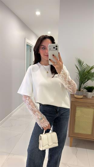 Sivis Ekru Tül Detaylı Bisiklet Yaka Basic Tişört