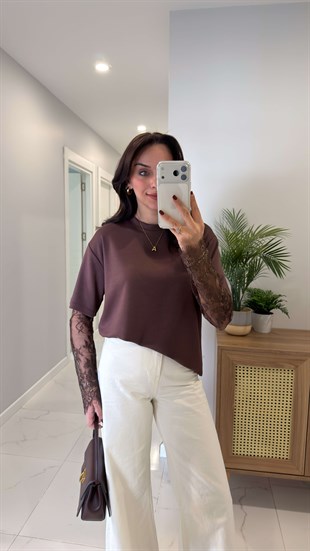 Sivis Kahve Tül Detaylı Bisiklet Yaka Basic Tişört