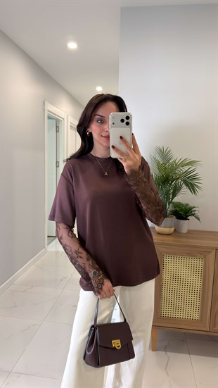 Sivis Kahve Tül Detaylı Bisiklet Yaka Basic Tişört