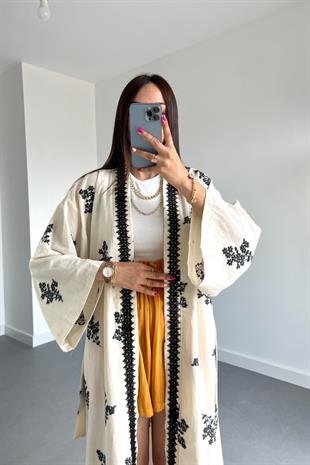 Siyah İşlemeli Keten Kimono