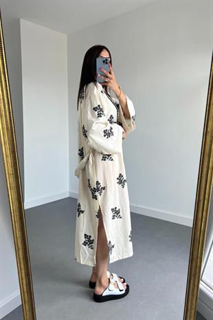 Siyah İşlemeli Keten Kimono