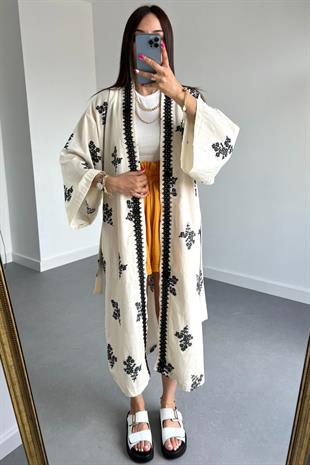 Siyah İşlemeli Keten Kimono