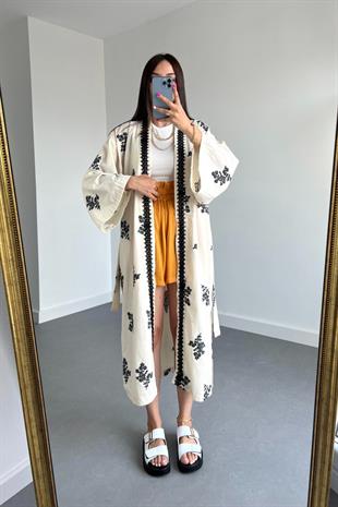 Siyah İşlemeli Keten Kimono