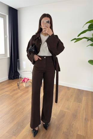 Sobela Acı Kahve Kemerli Ceket Pantolon Denim Takım