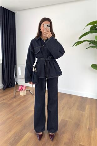 Sobela Dark Blue Kuşak Detaylı Ceket Pantolon Takım
