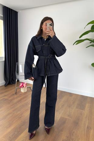 Sobela Dark Blue Kuşak Detaylı Ceket Pantolon Takım