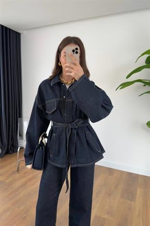 Sobela Dark Blue Kuşak Detaylı Ceket Pantolon Takım