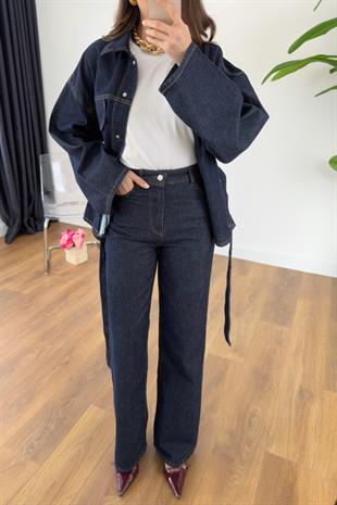 Sobela Dark Blue Kuşak Detaylı Ceket Pantolon Takım