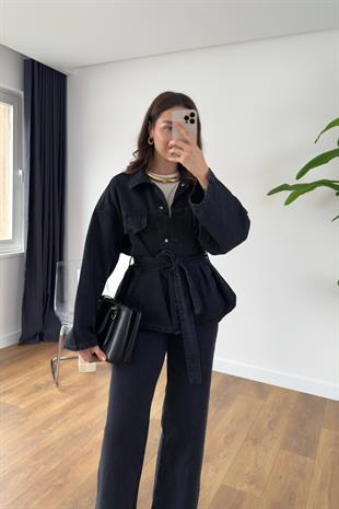 Sobela Koyu Antrasit Kemerli Ceket Pantolon Denim Takım