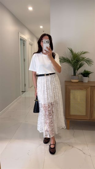 Sodes Ekru Dantel Etek