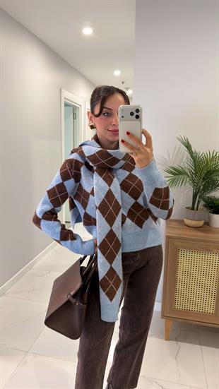 Sofna Bebe Mavi Kahve Baklava Desenli Şallı Triko