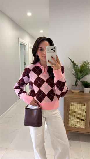 Sofna Şeker Pembe Bordo Baklava Desenli Şallı Triko