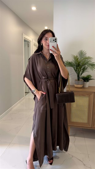 Sofye Kahve Kuşaklı Tensel Elbise