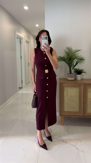 Soles Bordo Gold Toka Detaylı Kemerli Elbise