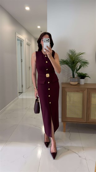 Soles Bordo Gold Toka Detaylı Kemerli Elbise