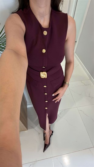 Soles Bordo Gold Toka Detaylı Kemerli Elbise