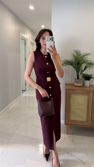 Soles Bordo Gold Toka Detaylı Kemerli Elbise