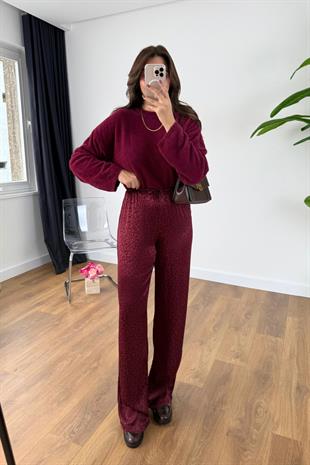 Solesa Bordo Leopar Desenli Beli Bağlamalı Pantolon