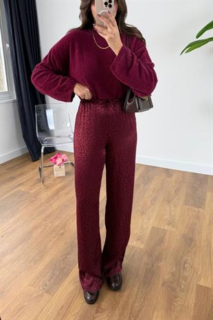 Solesa Bordo Leopar Desenli Beli Bağlamalı Pantolon
