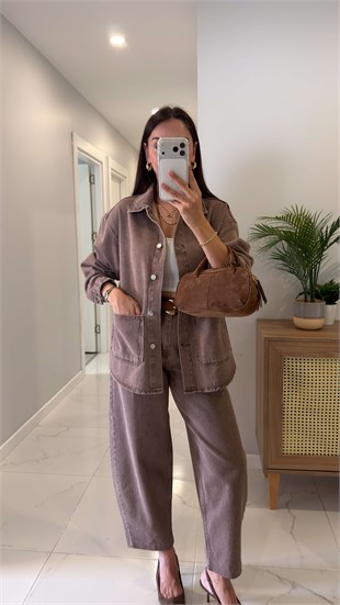 Solfes Kahve Denim Ceket Pantolon Takım