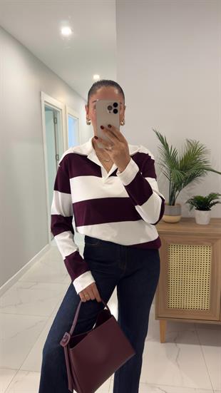 Solis Ekru Bordo Çizgili Polo Yaka Sweat