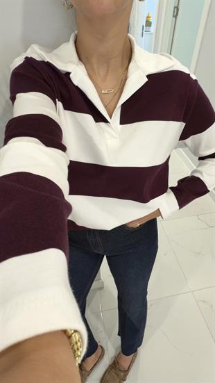 Solis Ekru Bordo Çizgili Polo Yaka Sweat