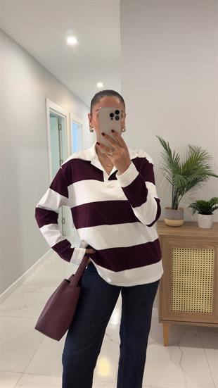 Solis Ekru Bordo Çizgili Polo Yaka Sweat