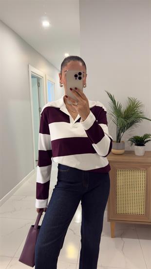 Solis Ekru Bordo Çizgili Polo Yaka Sweat