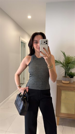 Sonre Antrasit Kalın Biyeli Fitilli Simli Bluz