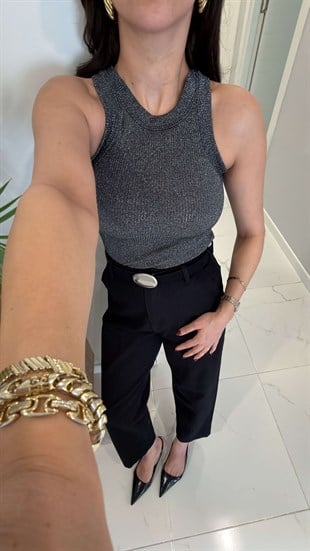 Sonre Antrasit Kalın Biyeli Fitilli Simli Bluz