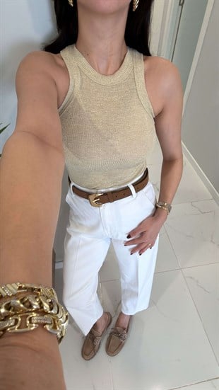 Sonre Bej Kalın Biyeli Fitilli Simli Bluz