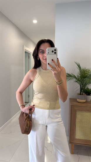 Sonre Bej Kalın Biyeli Fitilli Simli Bluz