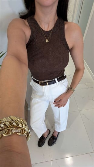 Sonre Kahve Kalın Biyeli Fitilli Simli Bluz