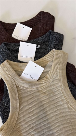 Sonre Kahve Kalın Biyeli Fitilli Simli Bluz