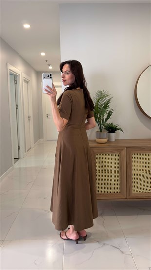 Sonsa Haki Kısa Kollu Keten Elbise