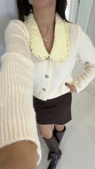 Sonse Krem Sarı Yaka İşlemeli Hırka