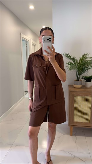 Sora Kahve Cep Detaylı Şortlu Takım