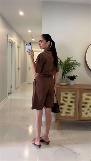 Sora Kahve Cep Detaylı Şortlu Takım