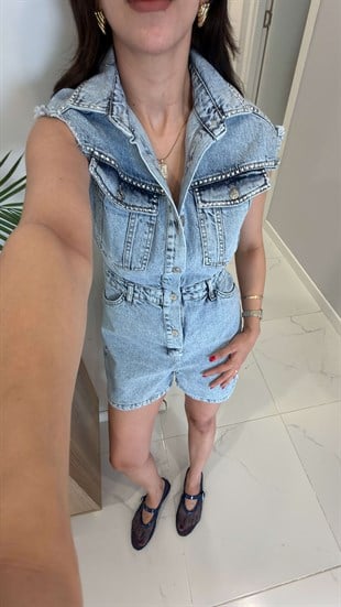 Sores Kar Yıkama Zımba Detaylı Kolsuz Şort Tulum